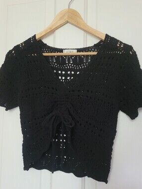 Floris Made in Italy Black Crochet Knit Top | Ruched Drawstring Front | Size M